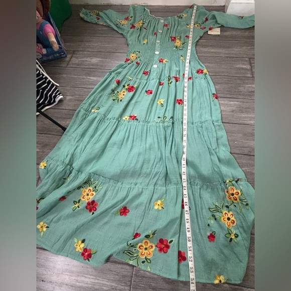 Anthropologie Fig and Flower Aqua Floral Embroidered Maxi Dress Button Front - Picture 12 of 12